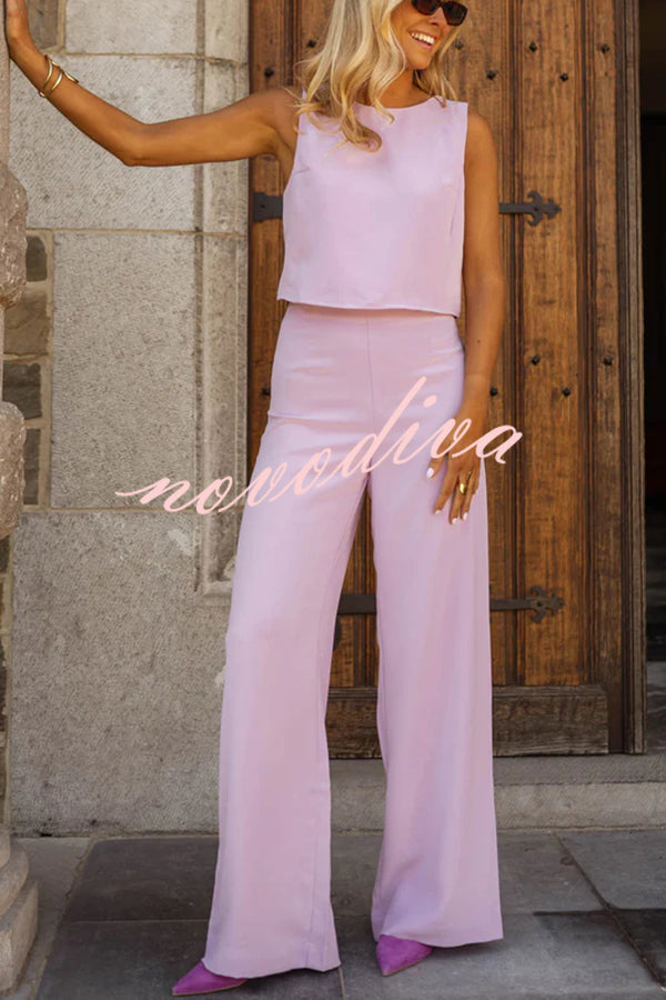 Modern and Elegant Solid Crop Tank and High Rise Flare Loose Pants Set