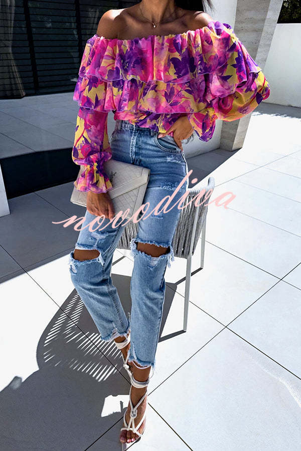 Colorful Botanical Print Sexy Off-shoulder Ruffle Top