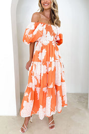 Unique Floral Print Patchwork Lace Up Pleated Maxi Dress