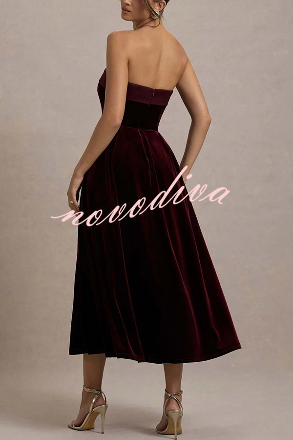 Center of Attention Velvet Satin Neck Bandeau Pleated Midi Dress