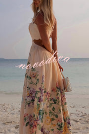 Cabo Sunsets Floral Print Petal Trim Back Lace-up Midi Dress