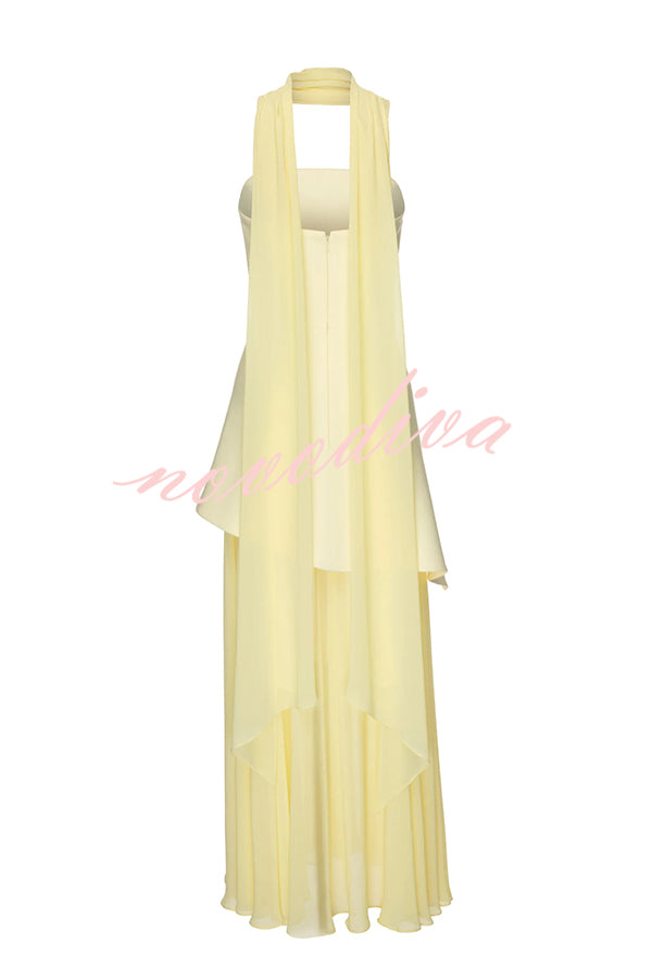 Monaco Off Shoulder Structured Top Chiffon Slit Hem Scarf Maxi Dress