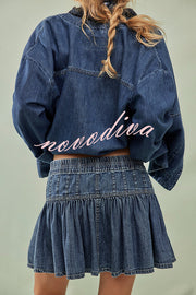 Solid Color Elastic Waist Button Tie Denim Mini Skirt