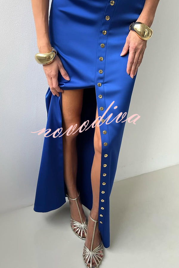 Solid Color Casual Sleeveless Crop Top and Elegant Button-down Maxi Skirt Set