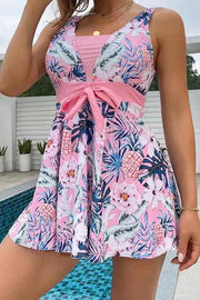 Cheerful Floral Print Bow Detail Tankini Swimsuit Set