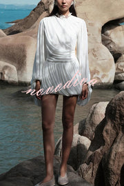 Solid Color Round Neck Lantern Long Sleeve Pleated Casual Mini Dress