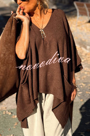 Fashion V-neck Loose Pocket Mid-length Knitted Sweater