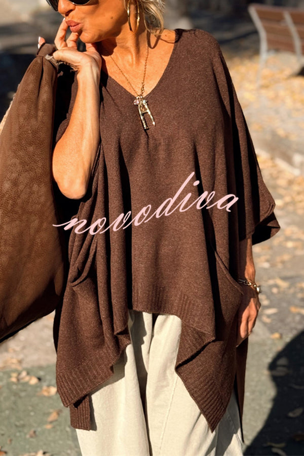 Fashion V-neck Loose Pocket Mid-length Knitted Sweater