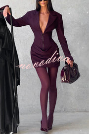 Solid Color Slim-fit V-neck Elegant Draped Formal Mini Dress