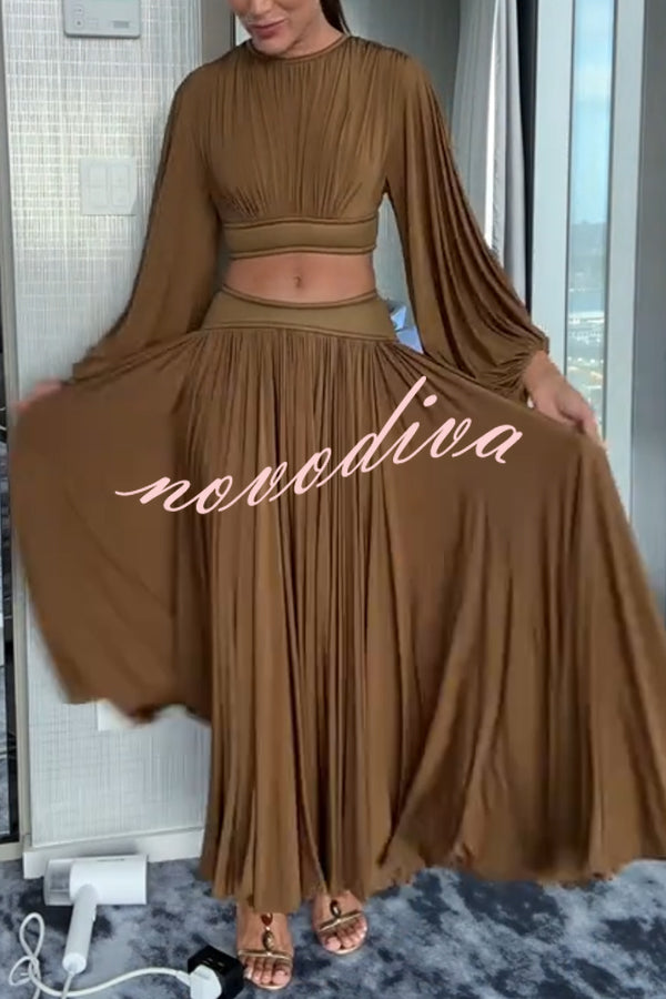 Dramatic Queen Gathered Batwing Sleeve Crop Top and Elastic Waist Slit Maxi Skirt Set