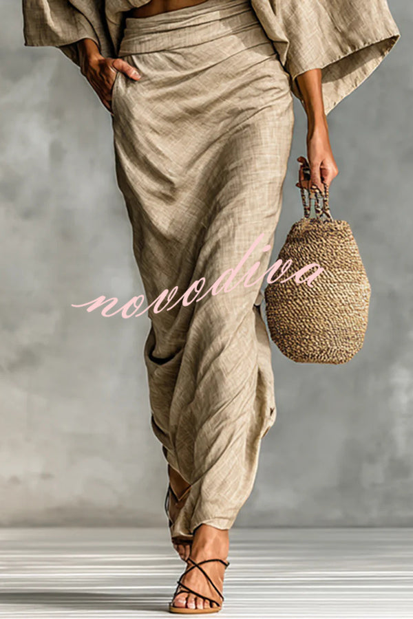 Linen Blend Batwing Sleeve Loose Top and Casual Pocket Maxi Skirt Set