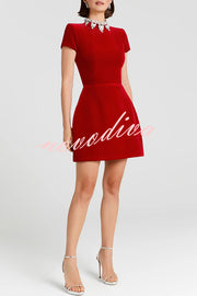 Regan Luxurious Velvet Jewel-encrusted Turtleneck Short Sleeve Pocket Tulip Mini Dress