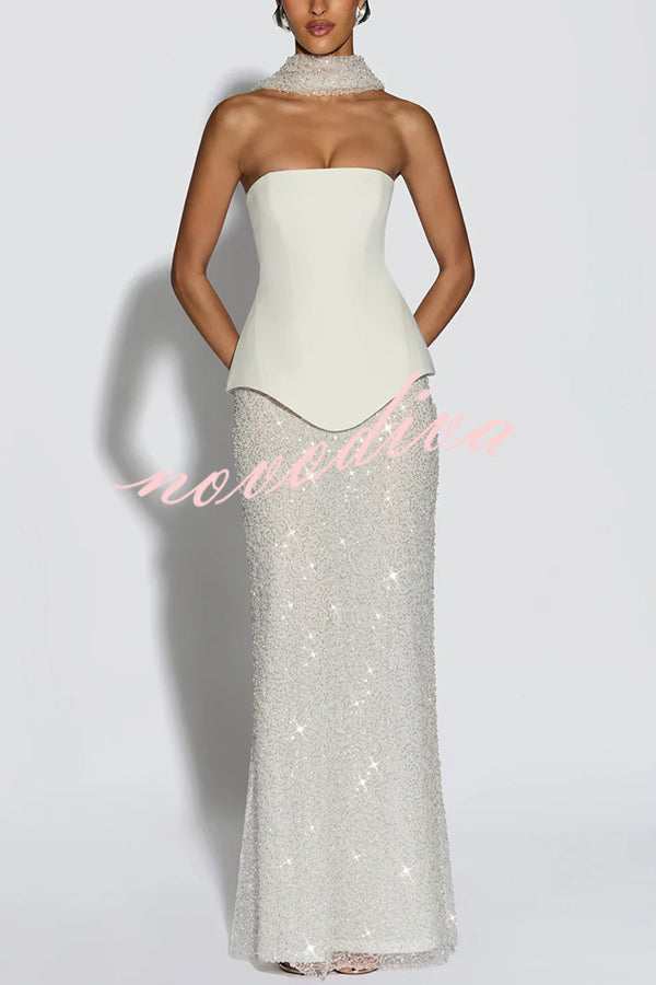 Oakley Corset Strapless Top and Sequin High Rise Maxi Skirt Scarf Set