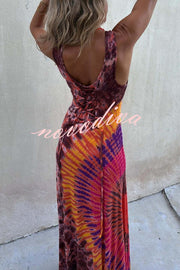 Boho Happiness Tie-dye Print Back Lace-up Stretch Maxi Dress