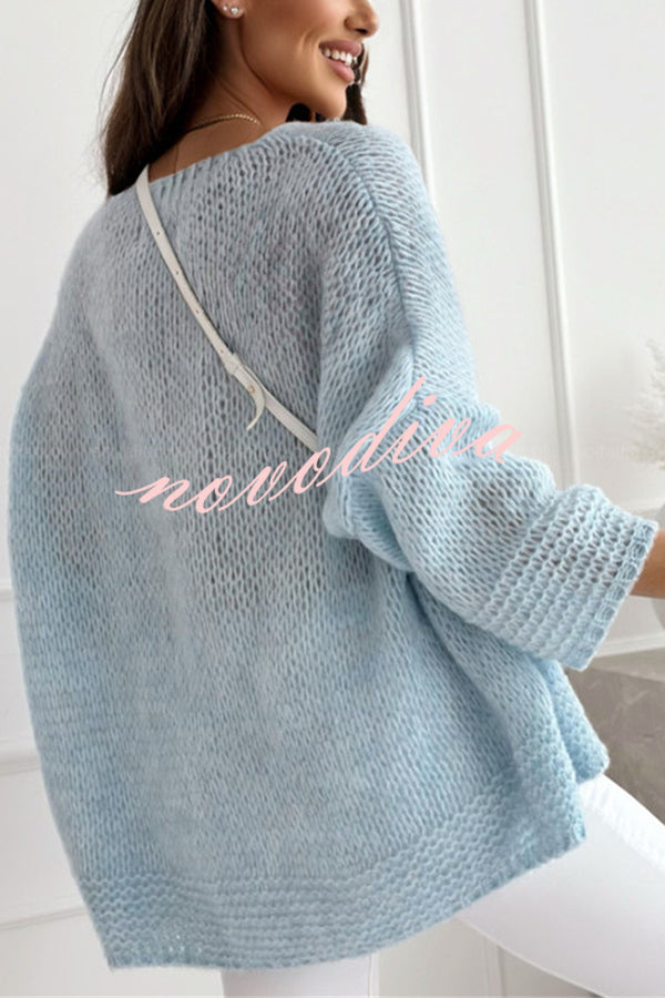 Solid Color Loose V-neck Casual Knitted Sweater