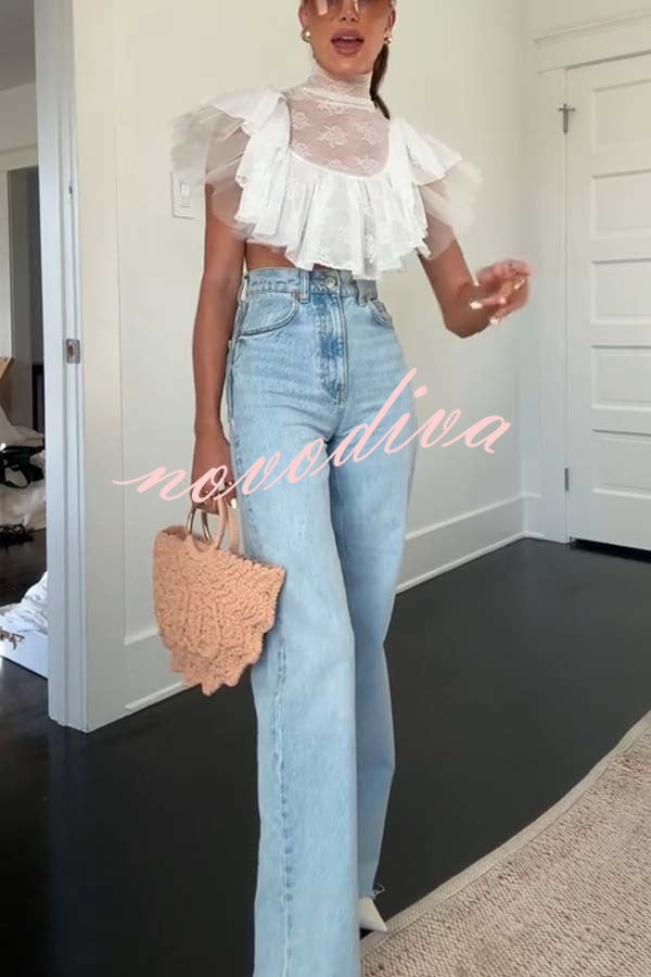 Kathlyn Lace Layered Tulle High Neck Ruffle Cropped Top