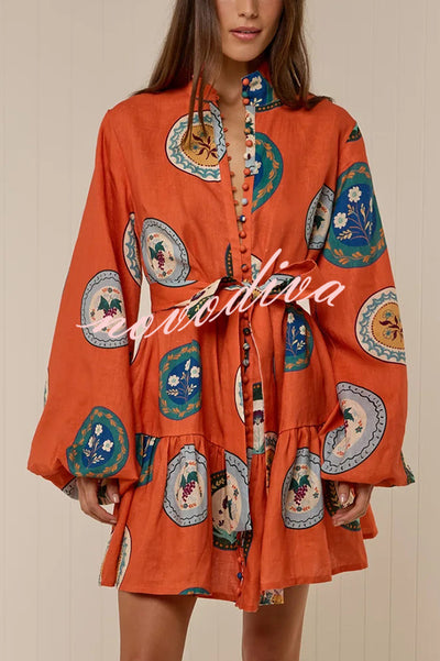 Linen Blend Unique Print Tie Waist Loose Mini Dress