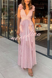 Wedding Dreams Chiffon Printed Flutter Sleeve Cutout Back Lace-up Maxi Dress
