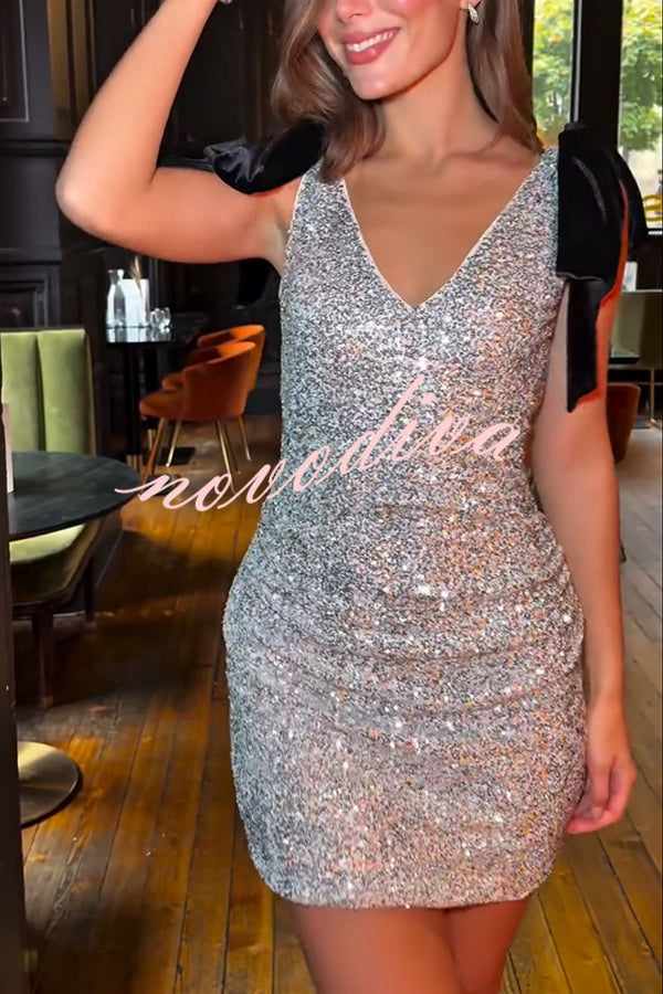 Sparkle and Elegance Sequin Velvet Bow Strap Detail V-neck Mini Dress