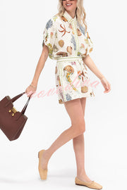 Beach Shell Print Short Sleeve Loose Shirt and Elastic Waist Tie Casual Pocket Shorts Set