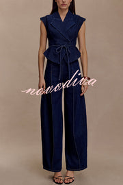 Charley Denim Button Up Cap Short Sleeve Structured Tie-up Lapel Top