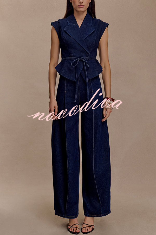 Charley Denim Button Up Cap Short Sleeve Structured Tie-up Lapel Top