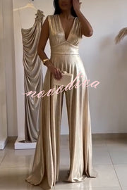 Roisin Metallic Fabric Ruched Shoulder V-neck Wide Leg Drape Jumpsuit