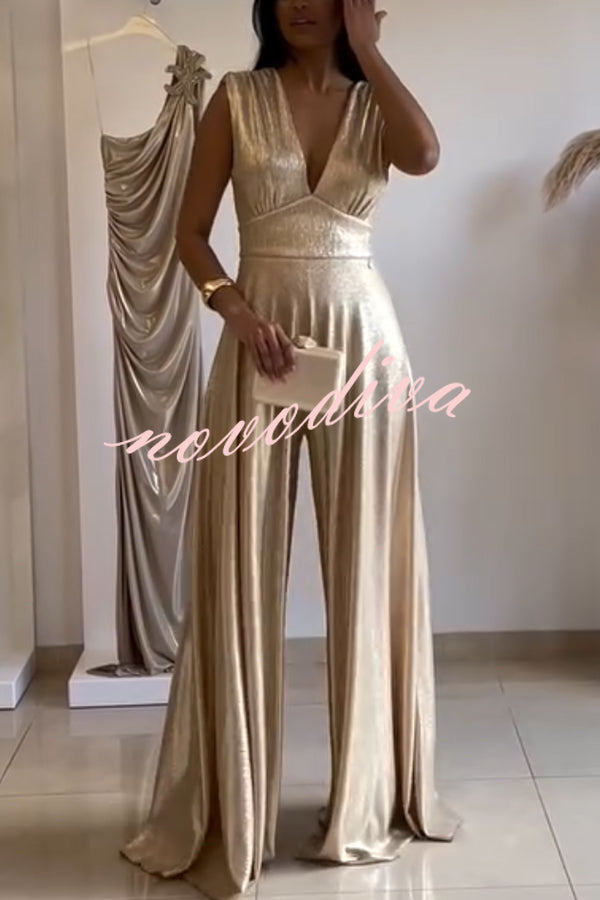 Roisin Metallic Fabric Ruched Shoulder V-neck Wide Leg Drape Jumpsuit