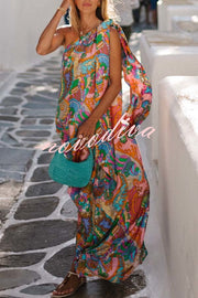 Rainbow Breeze Satin Unique Print Bow One Shoulder Loose Maxi Dress