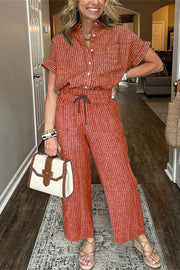 Fashion Striped Print Lapel Short-sleeved Shirt and Elastic Waist Pocket Casual Pants Set