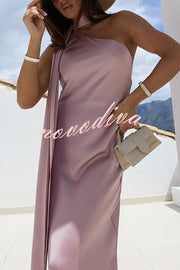 Cheers Babe Satin Solid Color Elegant One Shoulder Tie Maxi Dress