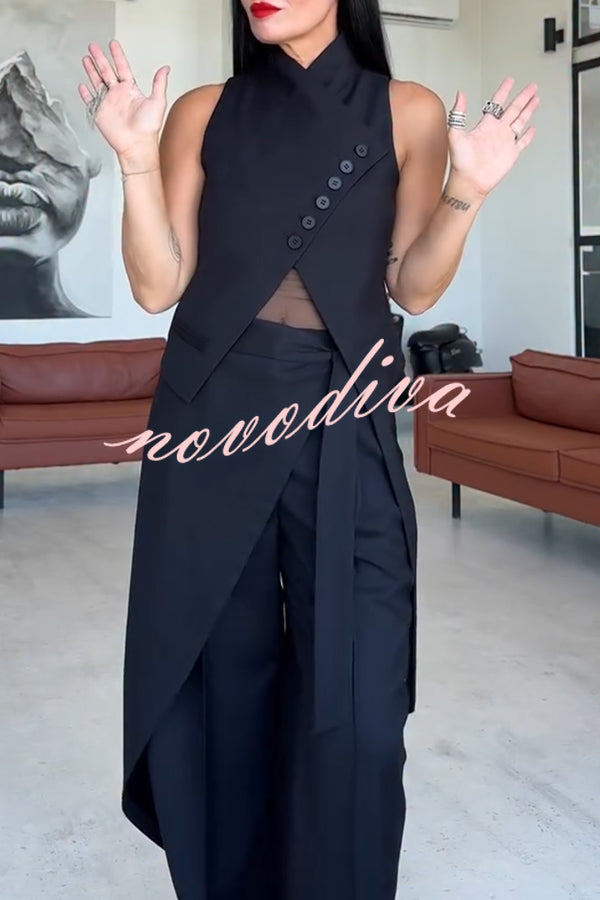 Urban Charm High Stand-up Collar Oblique Buckle Design Sleeveless Vest