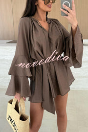 Molly Linen Blend Tiered Bell Sleeve Tie-up Cover-up Mini Dress