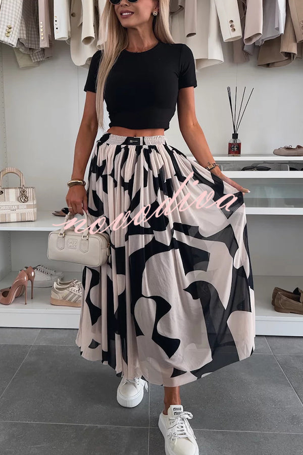 Colorblock Print Elastic Waist Relaxed Tulle Maxi Skirt