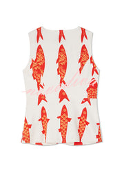 Good Luck Linen Blend Koi Pattern Metal Buttons Waisted Vest