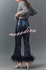 New Year Eve Sequin Feather Trim High Rise Back Zipper Flare Pants