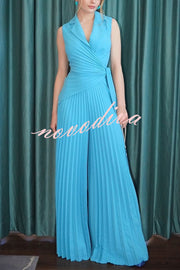 Solid Color Lapel Sleeveless Waist Tie Pleated Wide-leg Jumpsuit