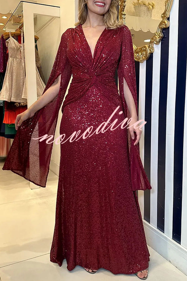 Shine Brighter Sequin Cape Sleeve Cross Waist Evening Maxi Dress