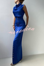 Solid Color Casual Sleeveless Crop Top and Elegant Button-down Maxi Skirt Set