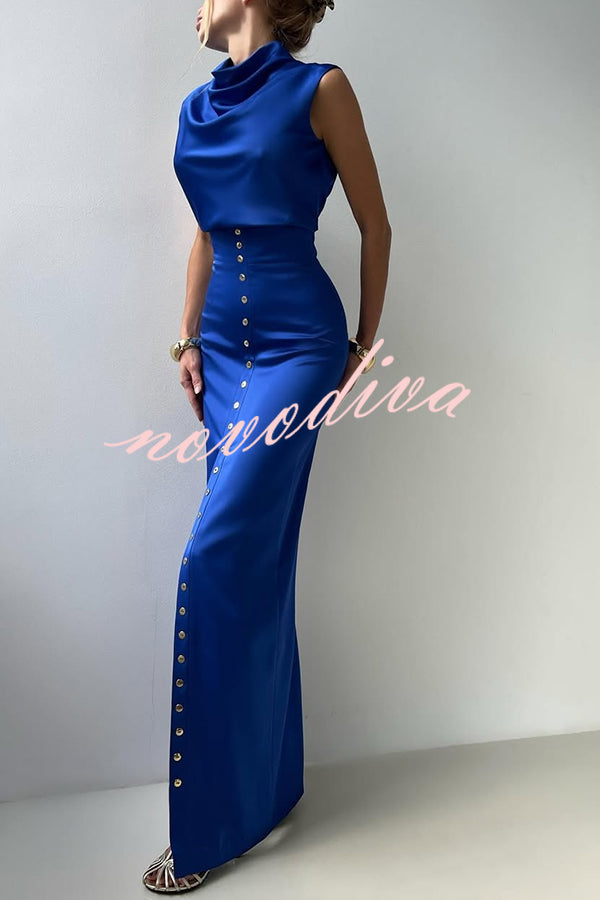 Solid Color Casual Sleeveless Crop Top and Elegant Button-down Maxi Skirt Set