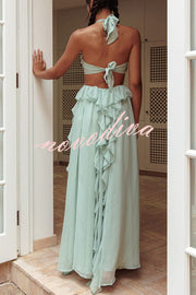 Gorgeous Vacation Halter Rose Detail Cut Out Ruffles Backless Maxi Dress