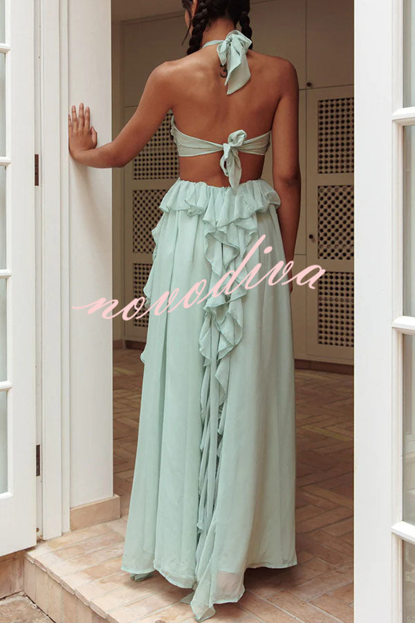 Gorgeous Vacation Halter Rose Detail Cut Out Ruffles Backless Maxi Dress