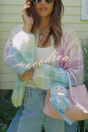 Palette Day Knit Color Blocks Open Front Balloon Sleeve Loose Cardigan
