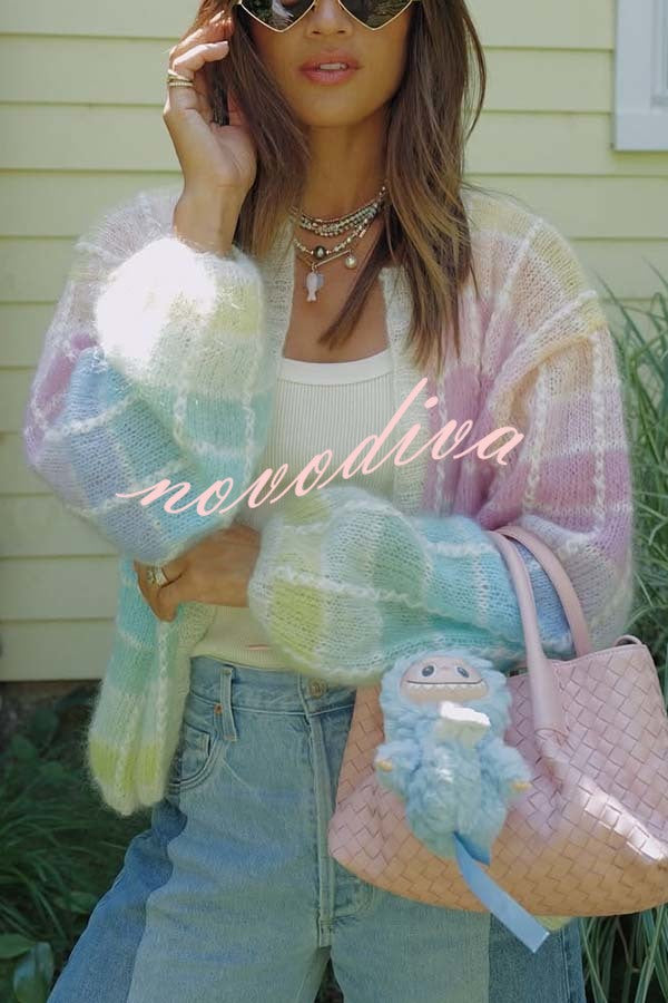 Palette Day Knit Color Blocks Open Front Balloon Sleeve Loose Cardigan
