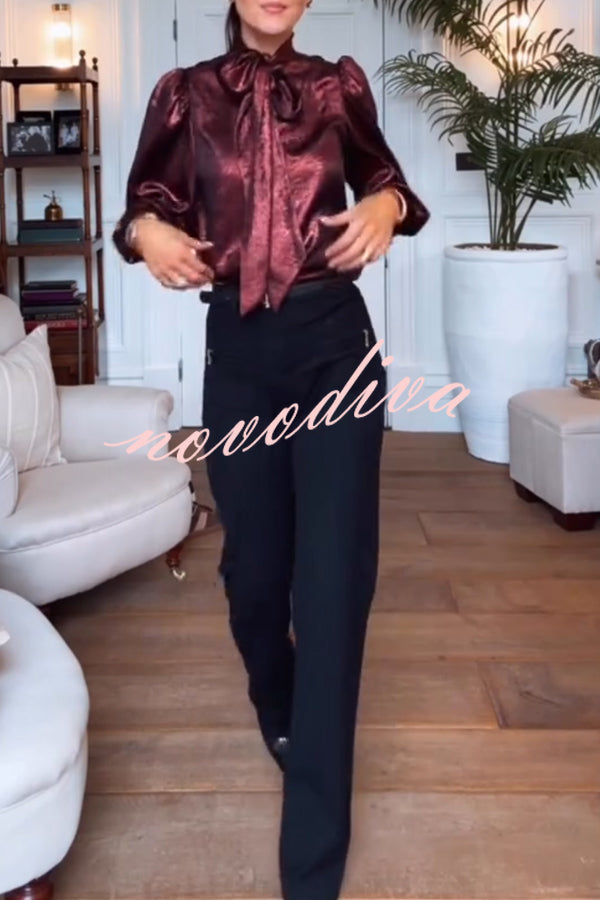 Ariella Metallic Satin Fabric Tie-up Bow Neck Long Sleeve Blouse