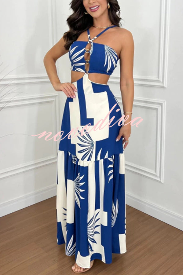 Farrier Printed Front Hollow Ring Design Cutout Slit Maxi Dress