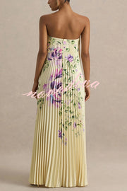 For Every Occasion Satin Pleated Floral Print V-wire Bandeau Neck Maxi Dress