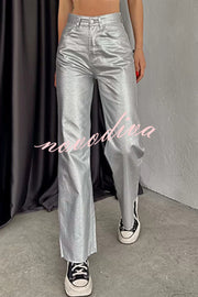 Stylish Metallic Fabric Pocket Casual Straight Wide-Leg Pants
