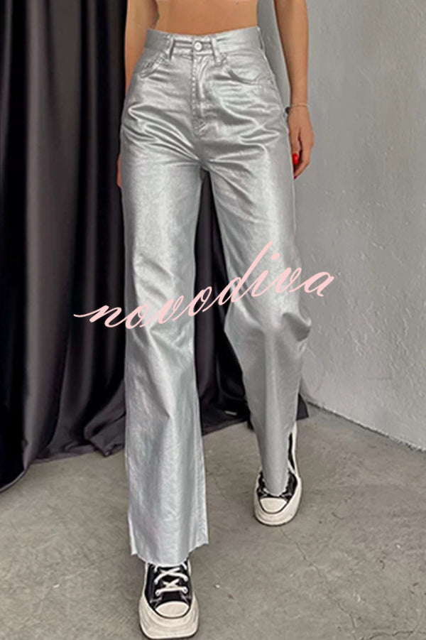 Stylish Metallic Fabric Pocket Casual Straight Wide-Leg Pants