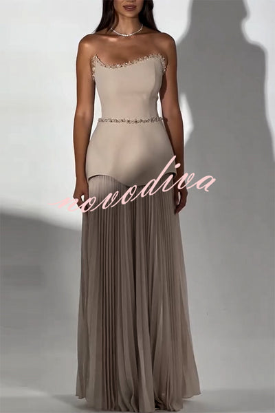 Capture The Moment Gem Trim Pleated Hem Strapless Maxi Dress